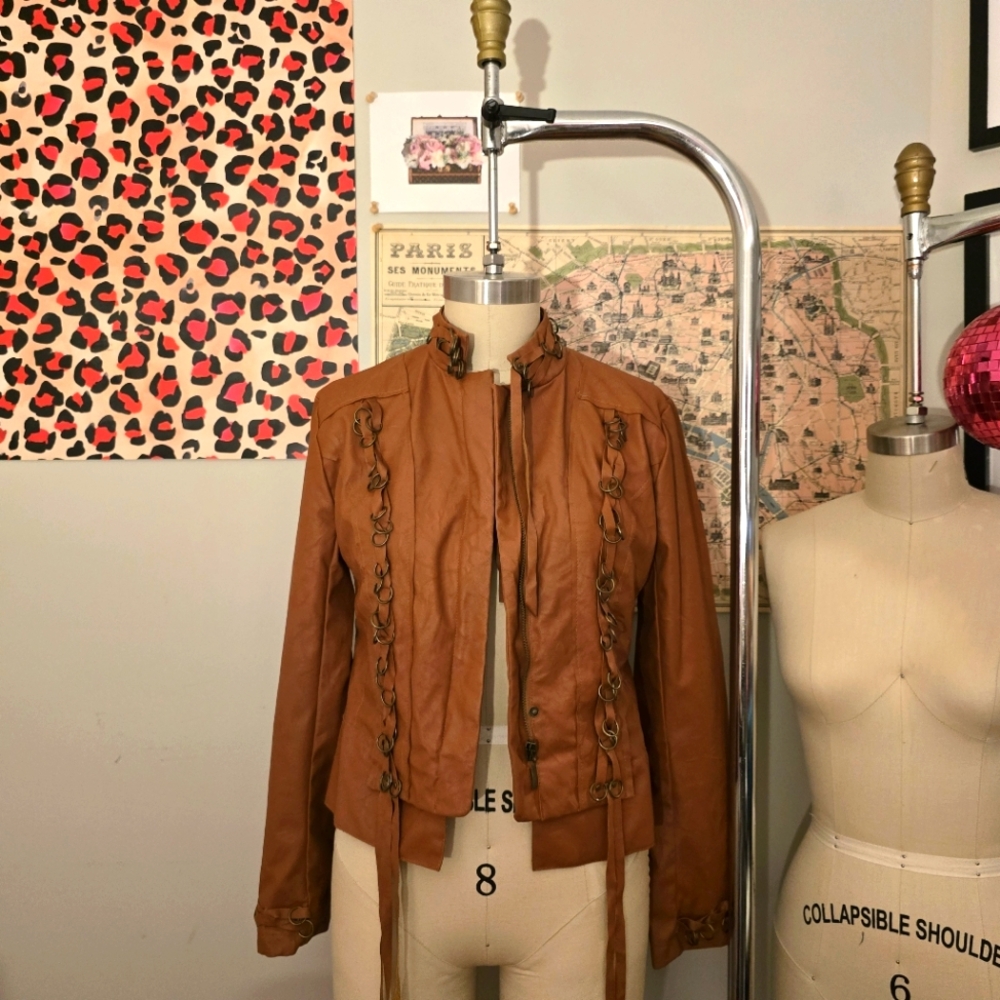 Gracia Rust Brown Vegan Leather Moto Jacket with Braided Fringe - M